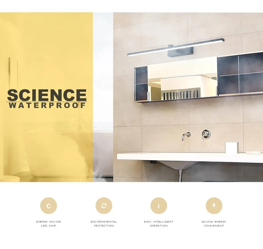 LED tükrös fali lámpa fürdőszobába, vízálló kivitelben, fehér vagy fekete színben. Modern, lapos kialakítású beltéri LED fali lámpa, fürdőszobai világításhoz és sminkeléshez