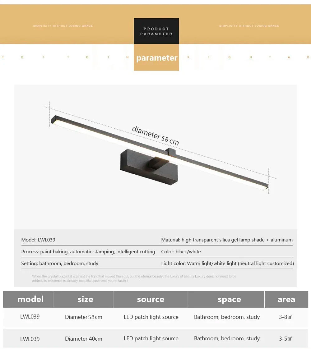 LED tükrös fali lámpa fürdőszobába, vízálló kivitelben, fehér vagy fekete színben. Modern, lapos kialakítású beltéri LED fali lámpa, fürdőszobai világításhoz és sminkeléshez