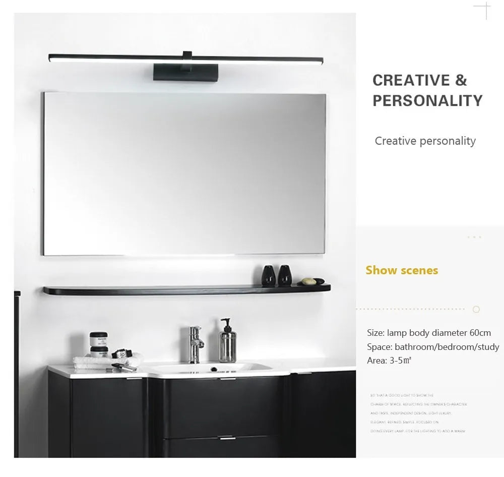 LED tükrös fali lámpa fürdőszobába, vízálló kivitelben, fehér vagy fekete színben. Modern, lapos kialakítású beltéri LED fali lámpa, fürdőszobai világításhoz és sminkeléshez