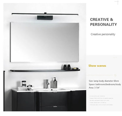 LED tükrös fali lámpa fürdőszobába, vízálló kivitelben, fehér vagy fekete színben. Modern, lapos kialakítású beltéri LED fali lámpa, fürdőszobai világításhoz és sminkeléshez